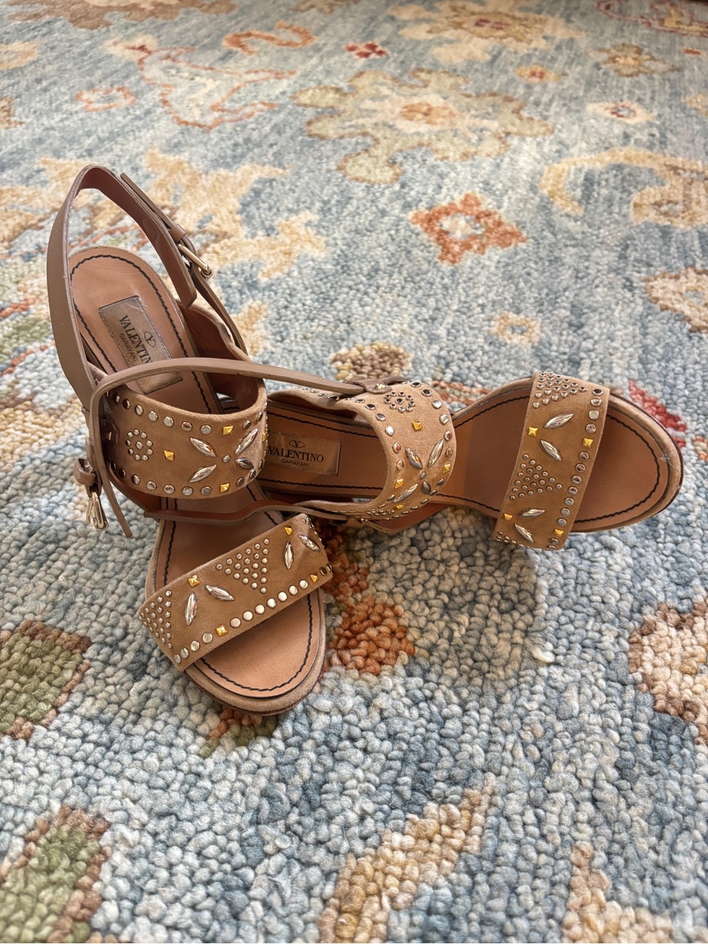 Valentino Tan Leather Studded & Crystal Embellished Sandals